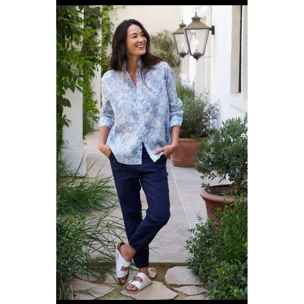 Frank & Eileen Italian Classic Linen Eileen Shirt Button Up Blue Floral Size M